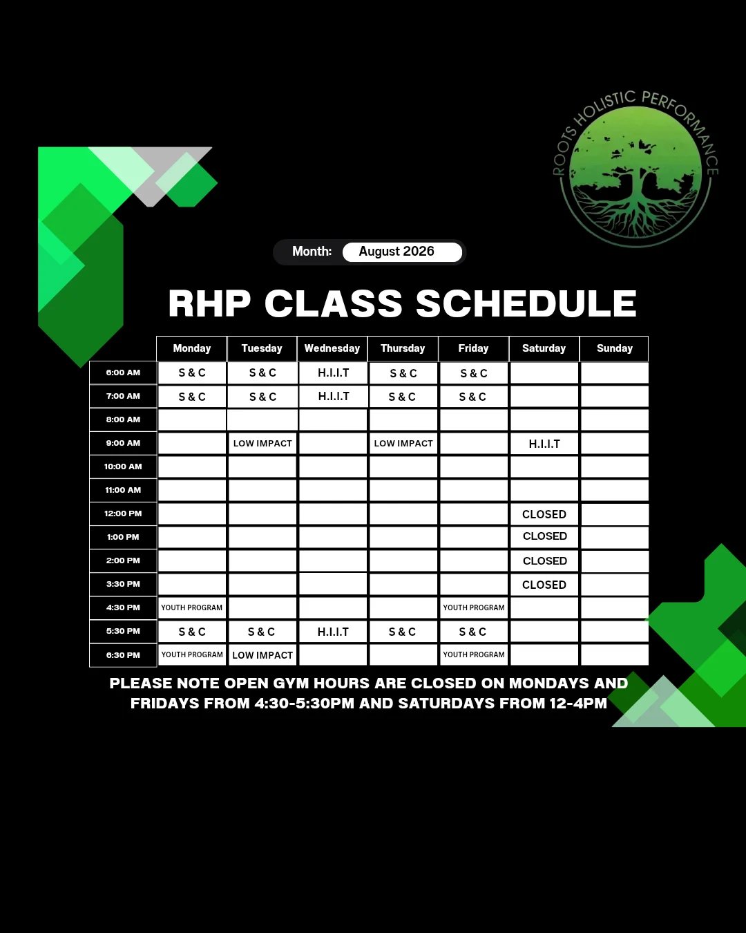 RHP Class Schedule for August 2026 showing weekly class times and gym closure hours on Mondays, Fridays, and Saturdays