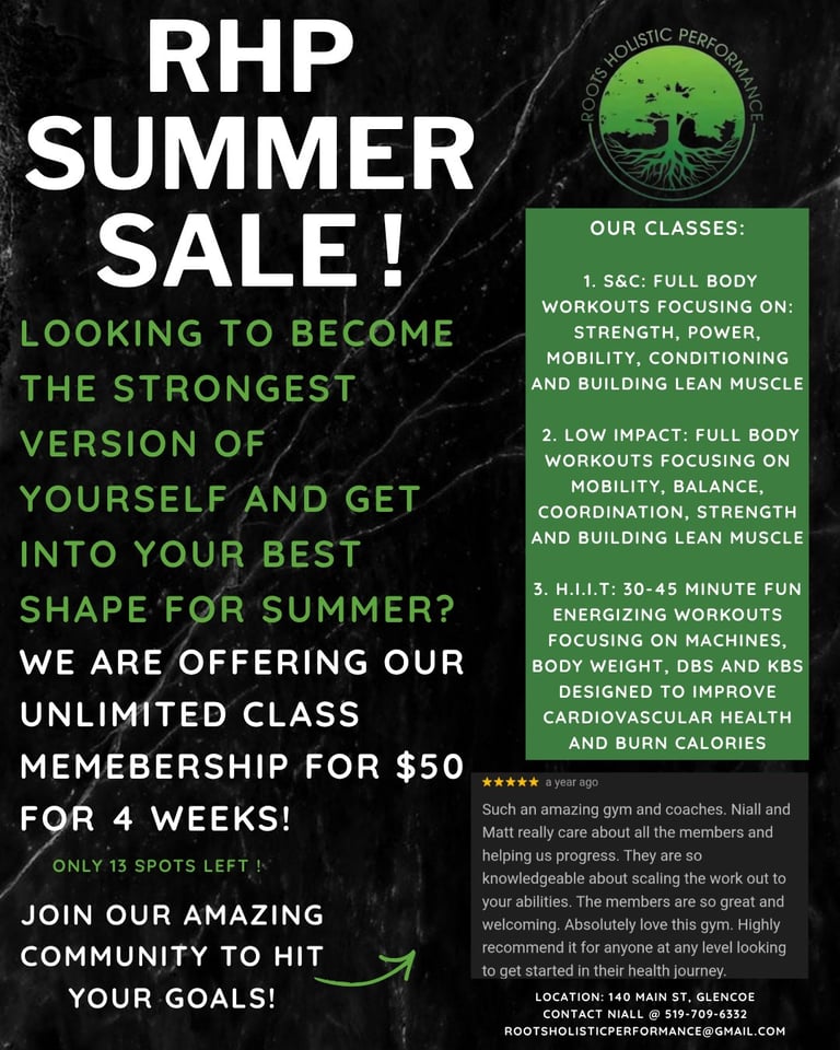 RHP Summer Sale promotion flyer advertising $50 unlimited gym membership for 4 weeks with details on fitness classes and contact information