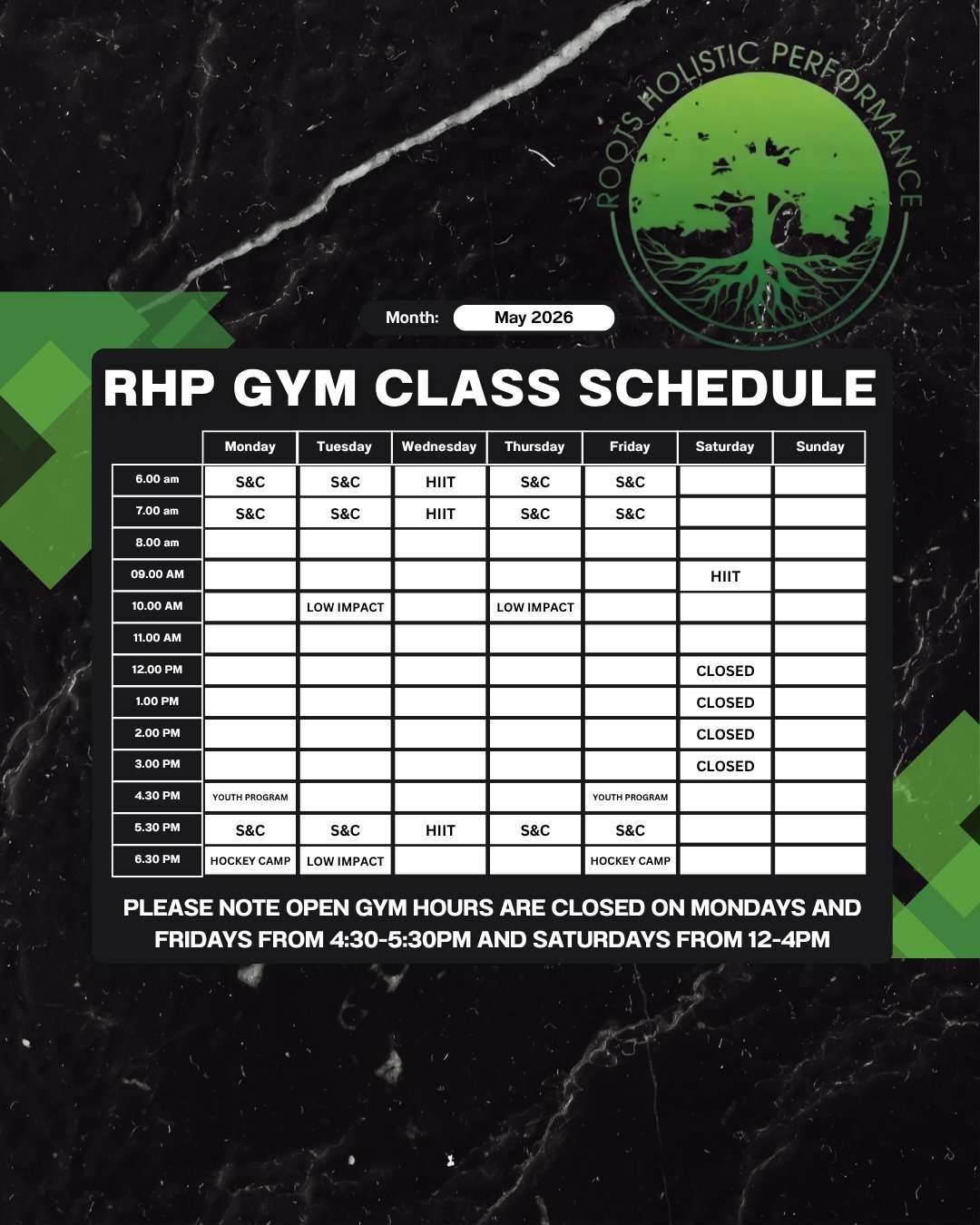 RHP Gym class schedule for May 2026 showing daily class times including SAC, HIIT, and low-impact classes with weekend and holiday closures noted.
